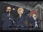  1girl 2boys adjusting_eyewear bald baton_(weapon) black_border black_gloves black_jacket black_necktie black_pants black_suit blonde_hair border breasts brown_eyes checking_watch collared_shirt commentary_request dirty dirty_face elena_(ff7) facial_mark final_fantasy final_fantasy_vii fingerless_gloves gloves goggles goggles_on_head holding holding_baton_(weapon) holding_weapon industrial_pipe jacket letterboxed low_ponytail multiple_boys necktie open_mouth over_shoulder pants ponytail red_hair reno_(ff7) rude_(ff7) sharp_na_ago shirt short_hair small_breasts smile suit suit_jacket sunglasses twintails upper_body video_game_dialogue_box watch weapon weapon_over_shoulder white_shirt wristwatch 
