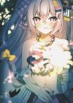  1girl :d absurdres azusa_(blue_archive) azusa_(swimsuit)_(blue_archive) bare_shoulders bead_necklace beads bikini blue_archive blurry blurry_foreground blush bow bow_bikini bow_on_wing collarbone commentary_request cowboy_shot crossed_bangs depth_of_field feathered_wings fireworks flower food-themed_hair_ornament frilled_bikini frills grey_hair hair_between_eyes hair_bow hair_flower hair_ornament hand_up highres holding holding_fireworks jewelry long_hair looking_at_viewer low_wings momokokuma navel necklace official_alternate_costume official_alternate_hairstyle open_mouth orange_hair_ornament pink_bow polka_dot polka_dot_bow purple_bow purple_eyes purple_flower sidelocks smile solo strapless strapless_bikini swimsuit two_side_up very_long_hair watermelon_hair_ornament white_wings wings yellow_bow 