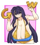  1girl bare_shoulders bikini breasts commentary_request gold_bikini golden_week large_breasts long_hair mikamikaduki953 murasaki_(senran_kagura) sagging_breasts senran_kagura simple_background smile solo swimsuit 