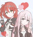 2girls arknights black_corset black_gloves black_jacket breasts choker commentary_request corset energy_wings exusiai_(arknights) exusiai_the_new_covenant_(arknights) fingerless_gloves gloves hair_between_eyes halo heart highres jacket lemuen_(arknights) light_blush long_hair looking_at_viewer medium_breasts multiple_girls open_clothes open_jacket pink_eyes pink_hair red_hair red_trim shirt siblings side_ponytail sisters smile tanakarashii v white_background white_choker white_shirt yellow_eyes 