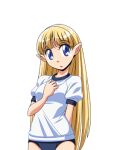  1girl blonde_hair blue_eyes breasts buruma cowboy_shot elf eye_of_the_twinkle_star_(manjuverunu) game_asset gym_shirt gym_uniform hand_on_own_chest large_variant_set long_hair looking_at_viewer lowres manjuverunu_no_sen_otome medium_breasts non-web_source official_art parted_lips pointy_ears self-datamine shirt short_sleeves simple_background siubomanjyu solo standing tachi-e transparent_background variant_set very_long_hair 