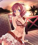  ajishio arm_support belt bikini chestnut_mouth flower front-tie_top groin hair_flower hair_ornament jewelry looking_at_viewer love_live! love_live!_school_idol_project lowleg lowleg_skirt midriff natsuiro_egao_de_1_2_jump! navel necklace nishikino_maki open_mouth palm_tree purple_eyes red_hair sitting skirt sunset swimsuit tears tree yokozuwari 