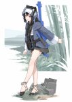  1girl absurdres bamboo bamboo_forest black_hair forest gun headdress highres knife knife_sheath military miniskirt nature nusisring_tactical outdoors radio_antenna rock sandals sheath skirt solo tactical_clothes vectorek weapon 