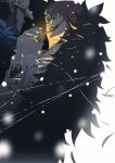  2boys black_hair blonde_hair chika_(user_eymr7558) cigarette coat commentary_request donquixote_rocinante earrings from_side fur_coat hat heart heart_print hood jewelry lighting_cigarette long_sleeves makeup male_focus mixed-language_commentary mouth_hold multiple_boys official_art one_piece print_shirt profile shirt short_hair snowing string teeth_hold trafalgar_law white_hat white_shirt 
