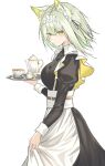  1girl absurdres animal_ear_fluff animal_ears apron arknights black_dress blush buttons cat_ears cat_girl closed_mouth collared_dress contrast_collar cup dress frills furaide green_eyes green_hair hair_between_eyes highres holding holding_own_dress holding_tray juliet_sleeves kal'tsit_(arknights) kal'tsit_(maid)_(arknights) long_sleeves maid official_alternate_costume puffy_sleeves saucer short_hair simple_background solo standing teacup teapot tray waist_apron white_apron white_background 