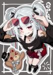  1girl ankle_boots arms_up bare_shoulders black_choker black_nails black_skirt blunt_bangs blush boots braid breasts choker cleavage commentary_request eyewear_on_head fishnet_socks fishnets full_body gradient_nails grey_background grey_hair grin hair_intakes hair_ornament hair_ribbon head_tilt highres honkai:_star_rail honkai_(series) jewelry kneehighs kurokun1025 leaning_forward long_hair long_sleeves looking_at_viewer medium_breasts miniskirt multicolored_hair necklace official_alternate_costume official_alternate_hairstyle pink_eyes red_skirt red_streaks ribbon sidelocks simple_background skirt smile socks solo sparkle_(honkai:_star_rail) sparxie_(candy-coated_waves)_(honkai:_star_rail) sparxie_(honkai:_star_rail) standing streaked_hair stuffed_animal stuffed_toy sunglasses teddy_bear thigh_strap twintails two_side_up very_long_hair x_hair_ornament 