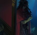  1boy belt belt_buckle black_hair black_pants buckle cape clawed_gauntlets cloak commentary_request cowboy_shot final_fantasy final_fantasy_vii final_fantasy_vii_rebirth final_fantasy_vii_remake gauntlets glowing glowing_eyes highres long_hair looking_at_viewer male_focus mixed-language_commentary pants red_cape red_cloak russian_commentary signature single_gauntlet soan9 solo spiked_hair thigh_strap unfinished vincent_valentine 