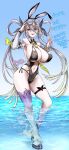  1girl absurdres animal_ears bare_shoulders black_one-piece_swimsuit blue_sky breasts commentary_request dated eyewear_on_head fake_animal_ears fate/grand_order fate_(series) full_body grey_hair hair_between_eyes hair_rings highres hooves huge_breasts huyan_zhuo_(fate) huyan_zhuo_(swimsuit_berserker)_(fate) long_hair looking_at_viewer mintes navel necktie one-piece_swimsuit purple_eyes sky solo standing sunglasses swimsuit thigh_strap translation_request twintails twitter_username wading water 