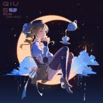  1girl beret black_gloves black_hair black_thighhighs blonde_hair boots closed_mouth cloud commentary crescent_moon cup detached_sleeves drill_hair english_commentary fingerless_gloves from_side full_body gloves hair_ornament hat highres knee_boots long_hair magical_girl mahou_shoujo_madoka_magica mahou_shoujo_madoka_magica_(anime) moon night numbered on_crescent puffy_short_sleeves puffy_sleeves qiususu ribbed_thighhighs shirt short_sleeves sidelighting skirt solo teacup teapot thighhighs tomoe_mami tomoe_mami_(magical_girl) twin_drills white_shirt white_sleeves yellow_eyes yellow_skirt zettai_ryouiki 