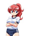  1girl blue_eyes breasts buruma crossed_arms game_asset gym_shirt gym_uniform hair_between_eyes jitome large_breasts large_variant_set long_hair lowres manjuverunu_no_sen_otome marianne_(manjuverunu) non-web_source official_art parted_lips ponytail red_hair self-datamine shirt short_sleeves simple_background siubomanjyu solo standing tachi-e transparent_background variant_set wince 