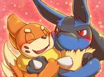  abstract_background ambiguous_gender blush buizel canine duo eyes_closed lucario mammal mustelid nintendo open_mouth otter pok&eacute;mon rasuku＠07_(artist) red_eyes teeth tongue video_games 