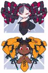  2girls :d :p artist_logo asymmetrical_bangs bare_shoulders black_shirt breasts brown_hair cropped_torso cross-laced_clothes cross-laced_top cyborg dark-skinned_female dark_skin dreadlocks excited grey_background grey_hair half-closed_eyes hand_on_own_hip highres iwako_(eiken3kyuboy) logo long_hair looking_at_viewer mecha_musume mechanical_hair medium_breasts multiple_girls original own_hands_clasped own_hands_together red_eyes shirt single_eyebrow smile smug tongue tongue_out twitter_username two-tone_background white_background yellow_shirt 
