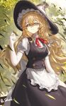  1girl apron artist_name back_bow black_hat black_skirt black_vest blonde_hair bow bowtie braid chinese_commentary collared_shirt commentary_request falling_leaves hair_bow hat hat_bow highres holding holding_leaf kirisame_marisa leaf long_hair looking_at_viewer outdoors puffy_short_sleeves puffy_sleeves red_bow red_bowtie shale shirt short_sleeves side_braid single_braid skirt smile solo touhou very_long_hair vest waist_apron white_apron white_bow white_shirt witch_hat yellow_eyes 