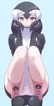  1girl black_gloves black_hair blue_background boots brown_eyes chinstrap_penguin_(kemono_friends) commentary_request gloves highres hood hoodie kemono_friends long_hair looking_at_viewer lowlandgorilla multicolored_hair panties penguin_girl simple_background solo squatting two-tone_hair underwear white_hair white_hoodie white_panties 