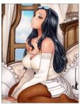  1girl bare_shoulders black_hair blue_eyes border breasts brown_pantyhose cabinet cleavage couch curtains eyewear_on_head glasses highres indoors jewelry large_breasts long_hair necklace nico_robin off-shoulder_sweater off_shoulder omar_dogan one_piece pantyhose parted_lips photo_(medium) pillow pink_lips pleated_skirt round_eyewear silver_necklace sitting skirt solo sweater traditional_media wariza white_border white_sweater window 