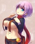  blue_eyes blueberry_(5959) blush breasts earrings jewelry large_breasts navel open_mouth original pouch purple_hair red_scarf scarf short_hair simple_background solo suspenders underboob 