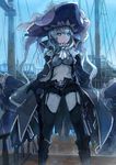  alternate_costume blue_eyes hat headgear kantai_collection long_hair looking_at_viewer pirate pirate_hat scar shinkaisei-kan silver_hair solo spark_(sandro) staff thighhighs wo-class_aircraft_carrier 