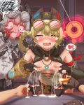  1girl 2others absurdres black_gloves black_hat black_shorts blonde_hair blush braid breast_milk_in_container breasts coin coin_on_string commentary_request crying crying_with_eyes_open cup embarrassed fingerless_gloves genshin_impact gloves goggles goggles_on_headwear green_eyes hand_milking hat heart highres holding holding_cup hypnosis jahoda_(genshin_impact) karuru lactation leaning_forward long_hair looking_at_viewer medium_breasts milk mind_control multiple_others open_mouth paid_reward_available shirt shorts spoken_heart standing surprised tears twin_braids white_shirt 
