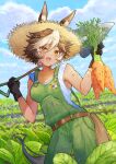  1girl :d absurdres animal_ears belt black_gloves blue_sky blush breasts brown_belt brown_eyes brown_hair carrot cloud cloudy_sky collarbone commentary corn cowboy_shot day dirty dirty_clothes dirty_face ears_through_headwear english_commentary food gloves hair_between_eyes hands_up hat highres holding holding_food holding_shovel holding_vegetable horse_ears horse_girl horse_tail indie_virtual_youtuber kanna_nijiniji looking_at_viewer medium_breasts multicolored_hair open_mouth outdoors overalls second-party_source shirt short_hair shovel sky sleeveless sleeveless_shirt smile solo straw_hat streaked_hair tail tomoe_umari two-tone_hair vegetable virtual_youtuber white_hair white_shirt yellow_eyes 