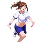  1girl :d blue_shorts blush bouncing_breasts breasts brown_eyes brown_hair collarbone foot_out_of_frame game_asset groin gym_shorts gym_uniform high_ponytail holding_relay_baton ikkitousen ikkitousen_extra_burst knee_up large_breasts long_hair looking_at_viewer midriff navel non-web_source official_art open_mouth outstretched_arms ponytail relay_baton running self-datamine shirt shoes short_sleeves shorts sidelocks simple_background smile sneakers solo spread_arms t-shirt tied_shirt transparent_background variant_set white_shirt white_shoes wristband yagyu_mitsuyoshi_(ikkitousen) 