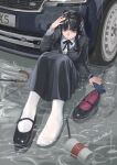 1girl absurdres artist_name awa_subaru bag black_hair black_jacket black_ribbon black_skirt blazer breasts car closed_mouth collared_shirt commentary english_commentary feet full_body girls_band_cry hair_ribbon highres jacket land_rover_(company) land_rover_range_rover large_breasts long_hair long_skirt long_sleeves looking_at_viewer mary_janes motor_vehicle neck_ribbon pantyhose partially_submerged purple_eyes rain ribbon shirt shoes signature single_shoe sitting skirt solo unworn_shoes water wet wet_clothes white_ribbon white_shirt yukiale 