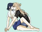  2girls barefoot between_legs black_hair black_shirt blue_background blue_shorts brown_hair closed_eyes commentary grey_shorts guuuuuxd holding_hands kiss long_hair miyagi_shiori multiple_girls sendai_hazuki shirt short_hair shorts shuuniichido_classmate_wo_kau_hanashi simple_background white_shirt yuri 