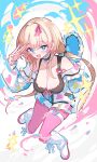  1girl :d absurdres arm_up bare_shoulders blonde_hair blue_eyes blue_jacket blush braid breasts cleavage club_(shape) commentary_request commission fang frilled_jacket frills full_body hair_intakes heart highres hood hood_down hooded_jacket jacket knees_together_feet_apart loose_socks medium_breasts multicolored_hair original osisio pantyhose pink_hair pink_pantyhose pixiv_commission ribbed_socks shoes smile socks socks_over_pantyhose solo sparkle streaked_hair thigh_strap white_shoes white_socks 