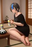  1girl :/ anklet bare_legs barefoot black_hair black_nails black_shirt blue_streaks bonsai breasts brown_eyes can collarbone commentary_request drink_can earrings feet food foot_focus hair_between_eyes highres holding holding_can indoors jewelry legs looking_at_viewer medium_breasts multicolored_hair nail_polish nihu onigiri original parted_lips shiragi_(nihu) shirt short_hair shouji single_bare_shoulder single_hair_streak sitting sliding_doors soles solo streaked_hair strong_zero tatami toenail_polish toenails toes yokozuwari 