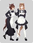  1girl absurdres agnes_tachyon_(umamusume) ahoge alternate_costume animal_ears apron black_bow black_dress black_gloves black_pantyhose black_shoes bow braid brown_hair commentary dress ear_bow ear_ornament enmaided frilled_apron frills gloves grey_background grin hair_between_eyes hair_ornament hairclip half_up_half_down_braid hand_up highres holding holding_test_tube horse_ears horse_girl horse_tail jungle_pocket_(umamusume) large_bow light_blush long_sleeves looking_at_another maid maid_apron medium_hair musical_note neck_ribbon notched_ear notice_lines panties pantyhose petticoat pono3330 puffy_long_sleeves puffy_sleeves red_eyes ribbon scrunchie shoes simple_background smile standing standing_on_one_leg tail tail_bow tail_ornament takenoko_no_sato teeth test_tube triangle_mouth twitter_username umamusume underwear untranslatable_commentary white_apron white_panties white_ribbon white_scrunchie wolf_cut 