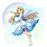  1girl :d artist_request aura barefoot bird_girl bird_wings blonde_hair blue_bow blue_dress blue_eyes bow chest_bow child curtained_hair dress feathered_wings filo_(tate_no_yuusha_no_nariagari) frilled_dress frilled_sleeves frills from_side game_asset grand_summoners leg_up light_particles long_hair long_sleeves looking_at_viewer looking_to_the_side official_art open_mouth rainbow simple_background smile solo sparkle straight_hair tate_no_yuusha_no_nariagari teeth third-party_source transparent_background two-tone_dress upper_teeth_only white_dress white_wings wings 