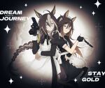  2girls absurdres ahoge animal_ear_piercing animal_ears apron arm_across_waist back-to-back bilingual_text black_background black_dress black_ribbon blue_eyes bow braid bright_pupils brown_hair character_name collar colored_inner_animal_ears colored_inner_hair commentary cowboy_shot dot_nose dream_journey_(umamusume) dress enmaided eyewear_strap frilled_apron frills glasses grey-framed_eyewear grin gun hair_between_eyes hair_ornament halftone hand_on_own_elbow hand_up highres holding holding_gun holding_weapon horse_ears horse_girl horse_tail juliet_sleeves knife long_hair long_sleeves looking_at_viewer maid maid_apron maid_headdress mixed-language_text multicolored_hair multiple_girls neck_ribbon one_eye_closed pono3330 puffy_short_sleeves puffy_sleeves ribbon rimless_eyewear sheath sheathed short_sleeves smile sparkle sparkling_aura spinning_weapon spotlight stay_gold_(umamusume) streaked_hair tail tail_bow tail_ornament tassel tassel_hair_ornament tinted_eyewear translated twitter_username umamusume unconventional_maid untranslatable_commentary very_long_braid very_long_hair waist_apron weapon white_apron white_bow white_collar white_pupils white_streaks yellow-tinted_eyewear zoom_layer 