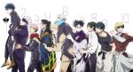  6+boys anger_vein black_hair black_jacket black_pants blindfold blonde_hair brown_shoes carrying choppy_bangs choso_(jujutsu_kaisen) from_side fushiguro_megumi fushiguro_toji geto_suguru gojo_satoru grey_hair hair_bun height_difference inumaki_toge itadori_yuji jacket jacket_over_hoodie japanese_clothes jujutsu_kaisen jujutsu_tech_uniform lifting_person line_line long_hair looking_at_another male_focus multicolored_hair multiple_boys nanami_kento okkotsu_yuta pale_skin pants piggyback pink_hair shoes short_hair simple_background spiked_hair suit two-tone_hair undercut white_background white_hair white_jacket white_pants white_shoes zen'in_naoya 