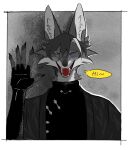  1boy black_gloves black_hair black_jacket body_fur changpao chinese_clothes claws commentary elbow_gloves english_text fingerless_gloves fox_boy furry furry_male gloves grey_background grey_fur hand_up highres jacket looking_at_viewer male_focus mucha_0141 one_eye_closed open_mouth original round_eyewear short_hair solo untranslatable_commentary upper_body waving yellow_eyes 