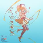  1girl artist_name beret blonde_hair blue_background boots brown_corset brown_gloves brown_thighhighs closed_mouth commentary corset cup drill_hair english_commentary fingerless_gloves full_body gloves gradient_background hair_between_eyes hat heart highres knee_boots leg_up long_hair looking_at_viewer magical_girl mahou_shoujo_madoka_magica mahou_shoujo_madoka_magica_(anime) numbered plate qiususu ribbed_thighhighs ribbon signature simple_background skirt smile solo teacup teapot thighhighs tomoe_mami tomoe_mami_(magical_girl) twin_drills twintails yellow_eyes yellow_ribbon yellow_skirt 