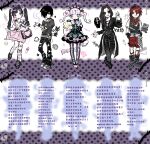  2girls 3boys absurdres androgynous arm_tattoo bag bandana bandana_around_neck belt black_bag black_belt black_boots black_cat black_dress black_gloves black_hair black_pants black_pantyhose black_shirt black_shoes blouse boots bow boxcutter bracelet braid brass_knuckles cat chinese_commentary chinese_text choker cigarette commentary_request cross-laced_clothes cross-laced_sleeves dress emo_fashion emoji english_text eyeball_hair_ornament fashion fingerless_gloves full_body gloves gothic_punk grey_shirt hair_bow hair_over_one_eye hairband hand_in_pocket handbag heavy_metal highres holding holding_cigarette holding_phone holding_stuffed_toy information_sheet jewelry jirai_kei long_hair long_sleeves looking_at_viewer makeup migulu multiple_belts multiple_boys multiple_girls original pale_skin pants pantyhose pastel_goth pentacle pentagram_necklace phone pink_bow pink_skirt plaid_bandana pleading_face_emoji polka_dot polka_dot_bow purple_bow purple_hair red_bandana red_hair red_shorts ring ringed_eyes safety_pin shirt shoes short_hair short_sleeves shorts skeleton_print skirt skull skull_print smoking sneakers socks spiked_bracelet spiked_choker spiked_hairband spikes standing striped_clothes striped_gloves studded_belt studs stuffed_animal stuffed_toy suspender_skirt suspenders tattoo teddy_bear thigh_strap tombstone torn_clothes torn_pants translation_request twin_braids twintails variant_set visual_kei weapon white_belt white_shirt white_socks 