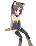  1girl alchemist_(ragnarok_online) animal_ear_fluff animal_ears black_thighhighs blush boots breasts brown_boots brown_cape cape cat_ears cat_girl cleavage closed_mouth commentary_request detached_sleeves dress full_body fur_collar grey_eyes grey_hair grey_sleeves medium_hair morino_donguri ragnarok_online short_dress simple_background sitting small_breasts smile solo strapless strapless_dress thighhighs white_background 