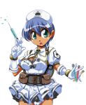  1girl blue_hair breasts cleavage cleavage_cutout clothing_cutout collared_dress corset cowboy_shot dark-skinned_female dark_skin dress fighting_stance game_asset gloves green_eyes hair_between_eyes hand_up hat holding holding_syringe holding_test_tube large_breasts large_variant_set lowres manjuverunu_no_sen_otome non-web_source nurse nurse_cap official_art open_mouth puffy_short_sleeves puffy_sleeves sally_merci_(manjuverunu) self-datamine short_dress short_hair short_sleeves simple_background siubomanjyu solo syringe tachi-e test_tube transparent_background v-shaped_eyebrows variant_set white_dress white_gloves white_hat 