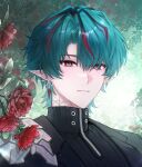  1boy absurdres arknights arknights:_endfield blue_hair buttons camille_(arknights) closed_mouth commentary_request earrings flower highres jewelry korean_commentary leaf lemoncat092 light_smile looking_at_viewer male_focus outdoors red_flower red_rose rose single_earring solo turtleneck vampire 