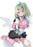  1girl 3jgjoso6gk40909 :t absurdres arm_warmers backpack bag black_bow blush bow breast_pocket collared_shirt commentary_request detached_sleeves dress_shirt green_eyes green_hair highres leg_warmers long_hair looking_at_viewer loose_necktie loose_socks necktie one_eye_closed pink_arm_warmers pink_bag pink_leg_warmers pocket ponytail pout puffy_short_sleeves puffy_sleeves randoseru red_necktie shirt short_sleeves simple_background single_thighhigh sitting socks solo striped_arm_warmers striped_clothes striped_leg_warmers striped_socks sunna_(zenless_zone_zero) thigh_strap thighhighs torn_clothes torn_thighhighs two-tone_leg_warmers wariza white_background white_leg_warmers white_shirt white_thighhighs wings zenless_zone_zero 