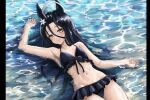  1girl ahoge animal_ears bikini bikini_skirt black_bikini black_hair breasts commentary_request cowboy_shot ear_tag front-tie_bikini_top front-tie_top hair_between_eyes highres horse_ears horse_girl horse_tail long_bangs long_hair long_hair_between_eyes lying manhattan_cafe_(umamusume) microskirt miucv skirt small_breasts solo swimsuit tail umamusume yellow_eyes 