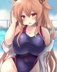  1girl absurdres black_one-piece_swimsuit blush breasts brown_eyes brown_hair chain-link_fence collarbone commentary_request competition_swimsuit covered_navel fence hair_between_eyes hair_flaps hair_ornament heterochromia highres hirune_(konekonelkk) jacket kantai_collection large_breasts long_hair long_sleeves looking_at_viewer murasame_(kancolle) one-piece_swimsuit open_mouth outdoors pool red_eyes ribbon smile solo swimsuit swimsuit_under_clothes two-tone_swimsuit two_side_up white_jacket 