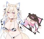  2girls absurdres alonekm animal_ear_fluff animal_ears animal_print bandana bandana_around_neck bell bikini blonde_hair blue_eyes blush breasts commentary cow_ears cow_girl cow_horns cow_print cow_print_bikini cow_print_gloves cowbell cowboy_hat cowboy_shot cowgirl_(western) dog_ears dog_girl dog_tail flat_chest fuwawa_abyssgard gloves hands_up hat highres hololive hololive_english horns kemonomimi_mode large_breasts licking_lips long_hair looking_at_another looking_at_viewer mococo_abyssgard multicolored_hair multiple_girls navel neck_bell open_clothes open_vest pink_bandana pink_eyes print_bikini print_gloves shirt short_hair siblings simple_background sisters speech_bubble streaked_hair swimsuit tail tongue tongue_out twins untranslatable_commentary vest white_background white_shirt 