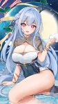  1girl arm_support bare_legs blue_hair bracelet breasts bright_pupils cleavage cleavage_cutout closers clothing_cutout cloud_print commentary_request covered_navel dress feet_out_of_frame fishgolden hair_between_eyes hair_bun half_updo hand_up highres jewelry large_breasts leaning_to_the_side long_hair looking_at_viewer mirae_(closers) open_mouth purple_eyes see-through_clothes shallow_water short_dress sidelocks single_side_bun sitting smile solo sparkle very_long_hair water white_pupils 
