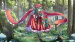  1girl artist_name blue_flower boots bow brown_boots closed_eyes commentary_request dress flower flower_request forest frilled_bow frilled_dress frills full_body green_hair hair_bow highres holding_own_dress kagiyama_hina long_hair mushroom nature nemophila_(flower) outdoors owolf_no_predator pink_flower puffy_short_sleeves puffy_sleeves red_bow red_dress red_ribbon ribbon short_sleeves solo stream touhou tree water wrist_ribbon 