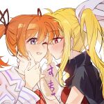  2girls blonde_hair chinese_commentary commentary_request eye_contact face-to-face fate_testarossa hair_ribbon hand_on_another's_neck highres long_hair looking_at_another lyrical_nanoha magical_girl mahou_shoujo_lyrical_nanoha multiple_girls open_mouth red_eyes ribbon smile speech_bubble takamachi_nanoha thighhighs translation_request twintails yukizurinokirin yuri 