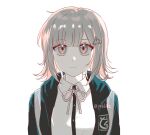  1girl absurdres bad_id bad_pixiv_id breasts brown_hair collared_shirt danganronpa_(series) danganronpa_2:_goodbye_despair dress_shirt flipped_hair hair_ornament highres jacket long_sleeves looking_at_viewer medium_hair nanami_chiaki neck_ribbon open_clothes open_jacket pink_eyes pink_ribbon ribbon shirt smile solo two-tone_shirt white_shirt 