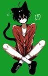  1boy ? black_hair black_shoes cat_boy crossed_legs green_background hair_between_eyes highres jacket legs looking_at_viewer male_focus mole mole_under_eye original red_shorts red_sweater rnk_77wvv shirt shoes short_hair shorts simple_background socks solo sweater thighs track_jacket white_shirt white_socks 