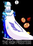  1girl black_background blue_bow blue_dress bow braid card_(medium) cloak commentary_request cool_colors dress english_text food frilled_dress frills from_behind fruit full_body fur-trimmed_cloak fur_trim half_up_braid highres lize_helesta lize_helesta_(gown) long_dress long_hair looking_at_viewer looking_back nijisanji nogugera pomegranate red_eyes roman_numeral sebastian_piyodore simple_background solo sparkle tarot tarot_(medium) the_high_priestess_(tarot) tiara virtual_youtuber white_cloak white_hair 