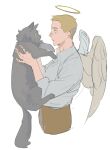  1boy all_saints_street angel_wings animal brown_hair brown_pants cat collared_shirt cropped_legs from_side halo highres holding holding_animal holding_cat long_sleeves looking_at_animal lynn_angel male_focus pants shirt short_hair simple_background solo tensoba20230223 traditional_halo white_background white_shirt wings 