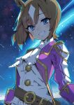  1girl aiguillette alsea animal_ears ascot belt blue_eyes blush breasts brown_belt brown_hair commentary_request epaulettes genderswap genderswap_(mtf) grin hair_between_eyes horse_girl jacket long_sleeves looking_at_viewer multicolored_hair night open_mouth outdoors personification purple_jacket shirt shooting_star short_hair sky smile solo star_(sky) streaked_hair teeth ten_point_(racehorse) umamusume white_ascot white_hair white_shirt 
